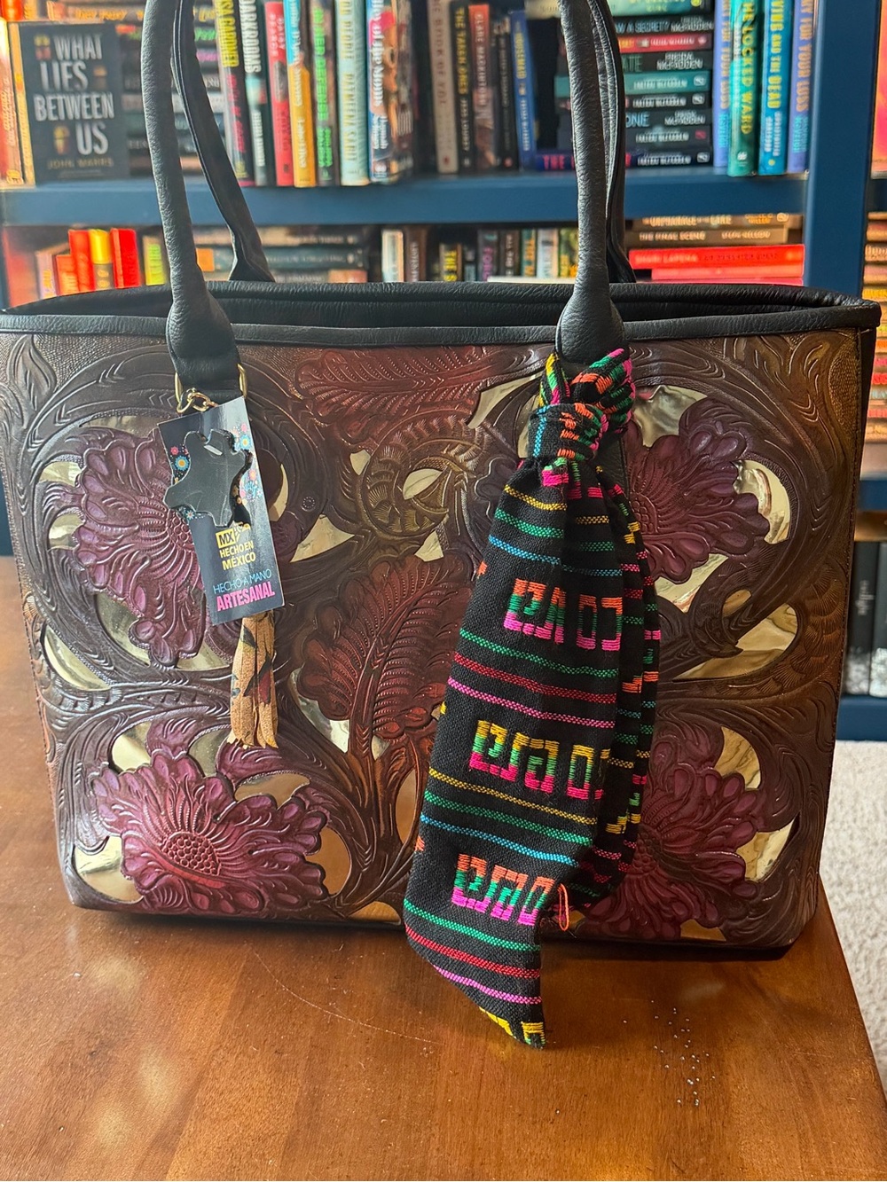 Artisanal Tooled Leather Tote Bag with Multicolor Accent Scarf